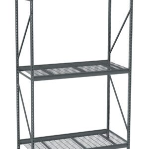A large metal shelving unit with three levels, featuring a combination of solid and grid-like wire shelves. The frame is dark gray and has diagonal supports for stability, designed for heavy-duty storage use.