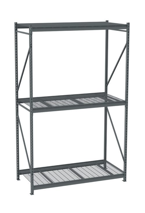 A large metal shelving unit with three levels, featuring a combination of solid and grid-like wire shelves. The frame is dark gray and has diagonal supports for stability, designed for heavy-duty storage use.