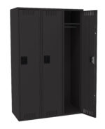 A triple-row black metal locker with vented doors. The rightmost door is open, revealing a hanging rod and storage space inside. The other two doors are closed, each featuring a handle and vent slots.