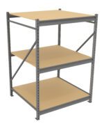 A metal shelving unit with three wooden shelves, supported by a gray metal frame and cross-bracing on the sides and back. The unit is empty and positioned against a white background.