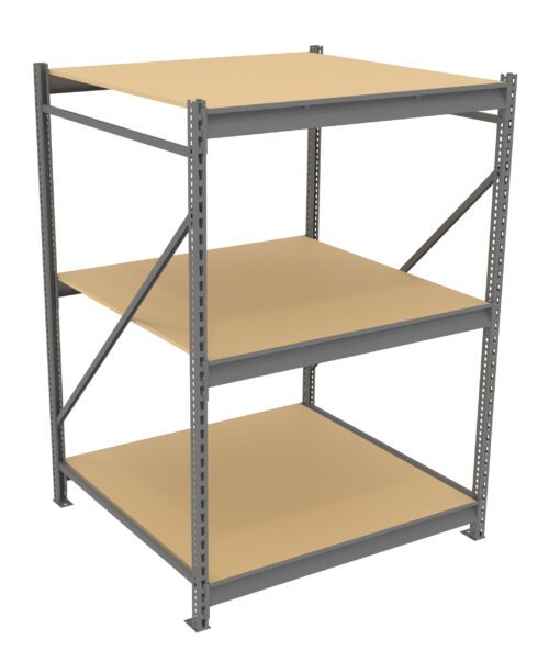 A metal shelving unit with three wooden shelves, supported by a gray metal frame and cross-bracing on the sides and back. The unit is empty and positioned against a white background.