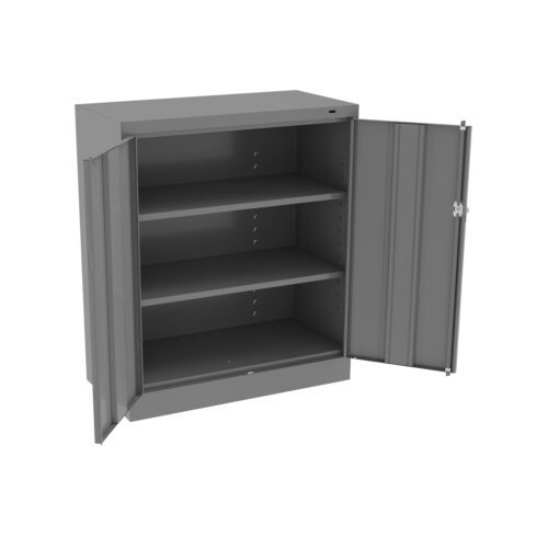 lfnof4gigmaoubvrnig0.jpg A grey metal cabinet with two open doors, revealing three adjustable shelves. The cabinet is empty, showing a plain interior. It appears to be suitable for storage in a garage, office, or industrial setting.