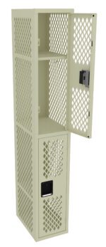 A beige metal locker with diamond-patterned ventilation is shown. The door is open, revealing two shelves inside. The locker has a latch for securing the door.