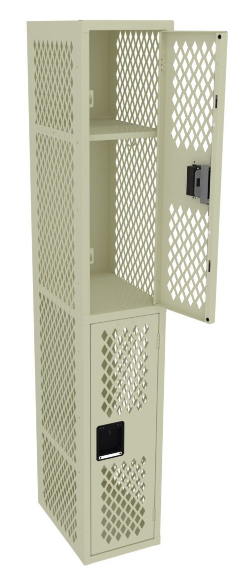 A beige metal locker with diamond-patterned ventilation is shown. The door is open, revealing two shelves inside. The locker has a latch for securing the door.