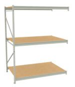 A metal shelving unit with three wooden shelves. The frame is light gray and perforated for adjustable shelf heights. The shelves are made of a light wood material and are spacious for storage. The unit is positioned on a white background.