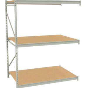 A metal shelving unit with three wooden shelves. The frame is light gray and perforated for adjustable shelf heights. The shelves are made of a light wood material and are spacious for storage. The unit is positioned on a white background.