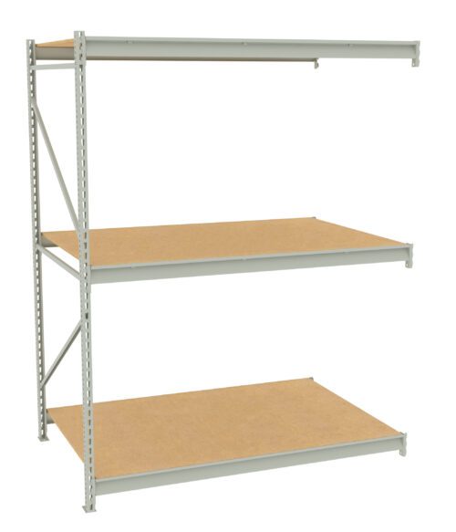 A metal shelving unit with three wooden shelves. The frame is light gray and perforated for adjustable shelf heights. The shelves are made of a light wood material and are spacious for storage. The unit is positioned on a white background.