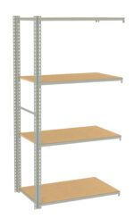 Metal shelving unit with four wooden shelves, standing upright. The frame is made of perforated metal beams for adjustable shelf placement. The shelves are evenly spaced, providing storage for various items. The design is simple and utilitarian.
