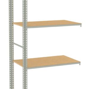 Metal shelving unit with four wooden shelves, standing upright. The frame is made of perforated metal beams for adjustable shelf placement. The shelves are evenly spaced, providing storage for various items. The design is simple and utilitarian.
