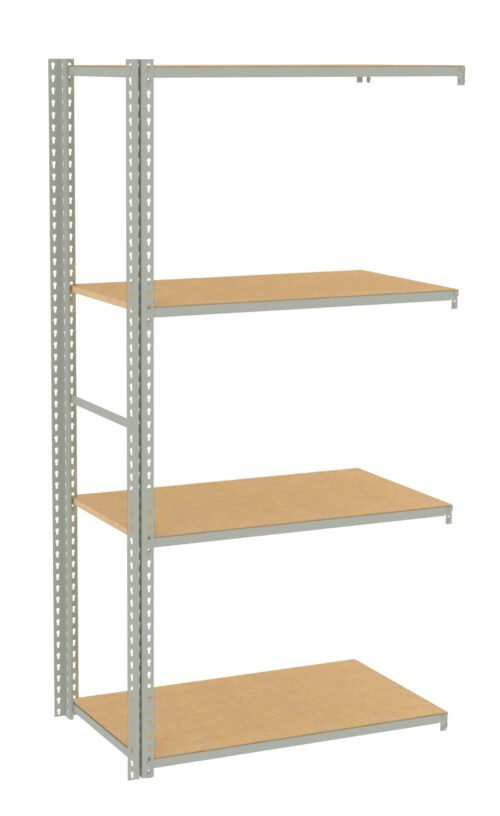 Metal shelving unit with four wooden shelves, standing upright. The frame is made of perforated metal beams for adjustable shelf placement. The shelves are evenly spaced, providing storage for various items. The design is simple and utilitarian.