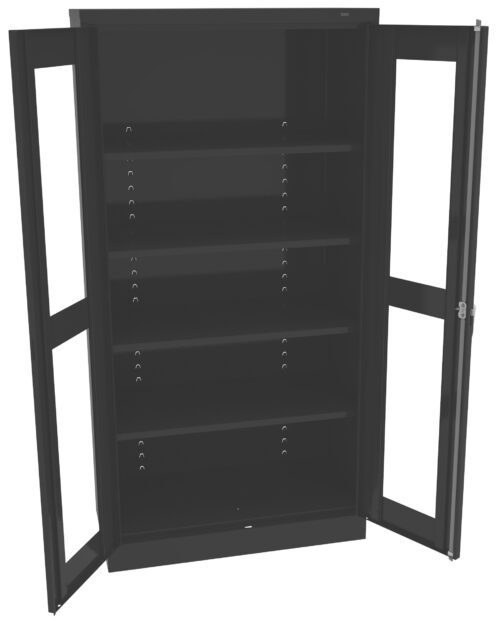 Black metal cabinet with glass doors open, featuring five adjustable shelves and numerous holes for height adjustments inside. The cabinet is empty and shown against a white background.