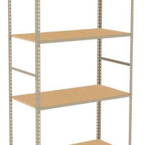 A metal shelving unit with four wooden shelves is shown. The frame is made of steel with an industrial design, featuring perforated edges for adjustable height. The shelves are evenly spaced and have a natural wood finish.