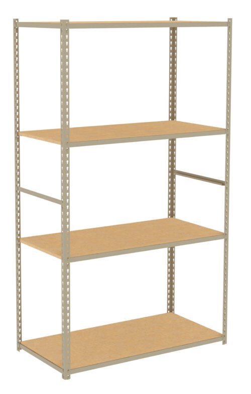 A metal shelving unit with four wooden shelves is shown. The frame is made of steel with an industrial design, featuring perforated edges for adjustable height. The shelves are evenly spaced and have a natural wood finish.