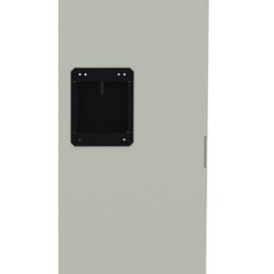 Tall, narrow, light gray metal panel door with a rectangular black handle in the center. It features horizontal vents at the top and bottom.