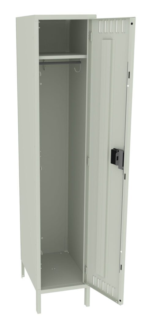 Open metal locker with a tall vertical design, featuring a door ajar to the right. Inside, theres a single shelf at the top and a hanging rod below. The locker is light gray in color.