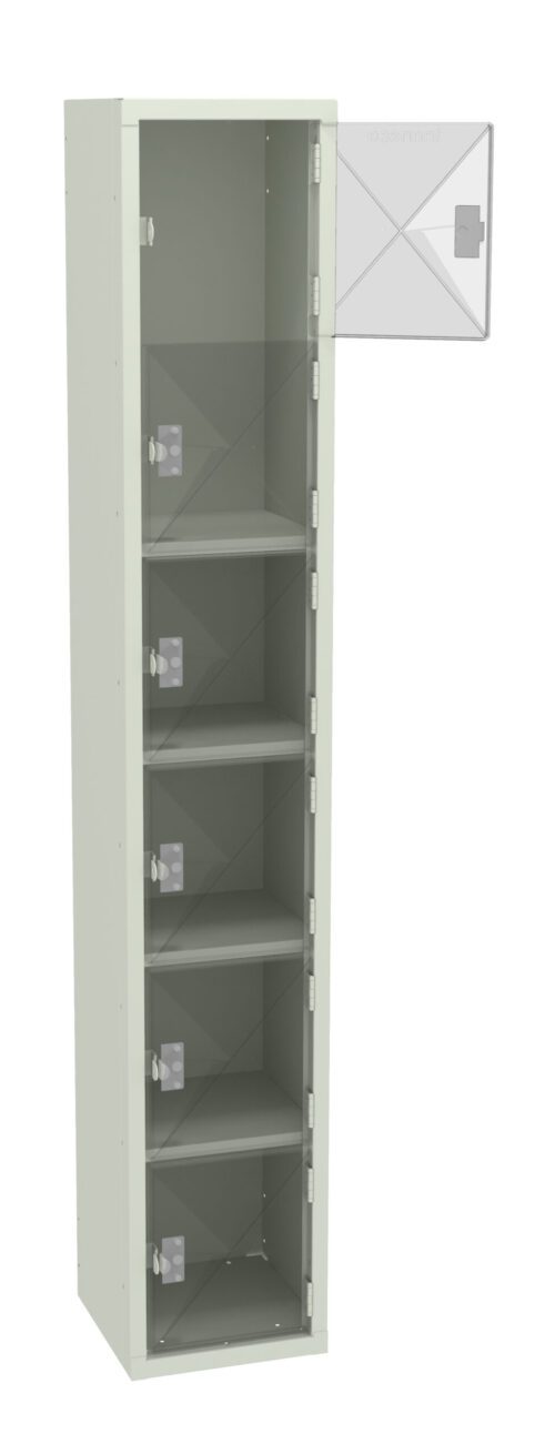 lhpp5rc4synyrqolxq1k.jpg Tall white storage cabinet with a transparent door on top, four adjustable shelves visible inside. The cabinet has a minimalist design, suitable for organizing various items.
