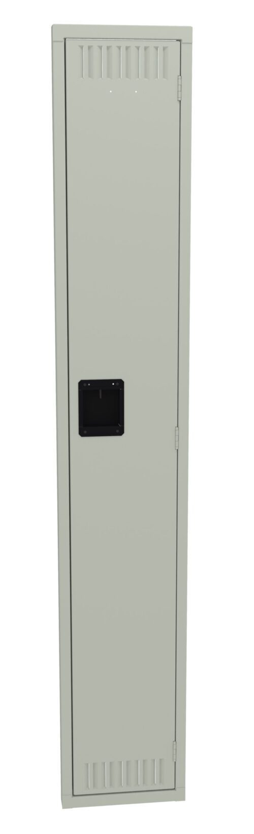 lhufita1fr5zdwdpecar.jpg Tall, narrow gray locker with a black handle, standing against a white background. The locker features ventilation slots at the top and bottom.