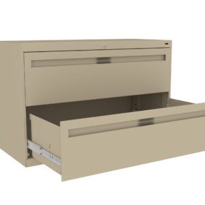 A beige two-drawer filing cabinet with one drawer open, revealing an empty interior.
