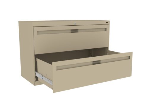 A beige two-drawer filing cabinet with one drawer open, revealing an empty interior.