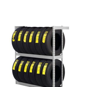 A metal rack with two shelves holding several black tires. Each tire has a bright yellow label affixed to its tread. The rack is positioned against a plain white background.