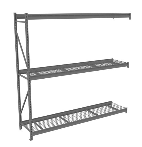 limnimop3h00bxfwitek.jpg A gray metal shelving unit with two levels of wire mesh shelves and an upper solid shelf. The frame features vertical supports with multiple holes for adjustable shelving. The shelving is empty and set against a plain white background.