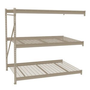 A beige three-tier metal storage rack with grid-style shelves. It has an open, minimalist design suitable for organizing items in a garage, warehouse, or workshop. The rack is viewed from an angle, showing its side and front.