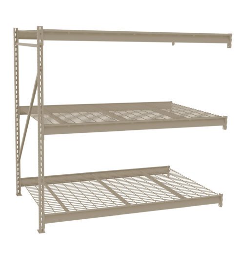 A beige three-tier metal storage rack with grid-style shelves. It has an open, minimalist design suitable for organizing items in a garage, warehouse, or workshop. The rack is viewed from an angle, showing its side and front.