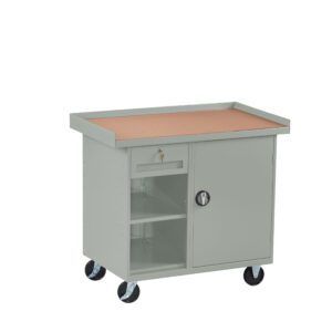A gray utility cart with a flat wooden top, featuring two open shelves on the left and a closed cabinet with a lock on the right. It has four black caster wheels for mobility.