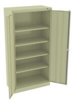 A beige metal storage cabinet with one open door, revealing five empty shelves. The cabinet is tall and sturdy, suitable for organizing items in an office or garage. The interior is spacious and versatile for various storage needs.