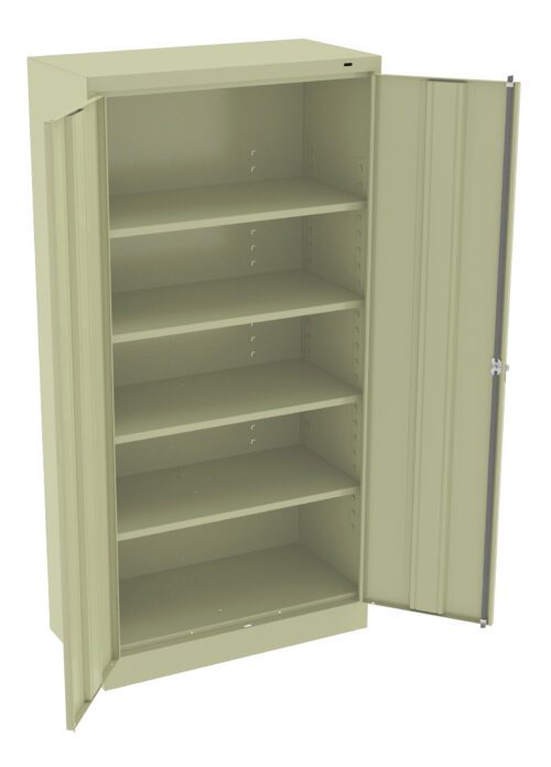 ljbrc2a3eabykbxawujv.jpg A beige metal storage cabinet with one open door, revealing five empty shelves. The cabinet is tall and sturdy, suitable for organizing items in an office or garage. The interior is spacious and versatile for various storage needs.