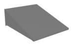 Gray, triangular, three-dimensional object with a flat top and sloped front, resembling a wedge or ramp, positioned against a white background.