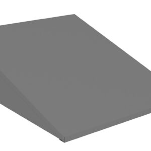 Gray, triangular, three-dimensional object with a flat top and sloped front, resembling a wedge or ramp, positioned against a white background.