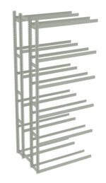 A digital rendering of a two-tier, wall-mounted cantilever rack system. The metal structure features multiple horizontal arms extending out for supporting items, and vertical posts with perforations for adjustable height. The rack is gray.