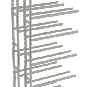 A digital rendering of a two-tier, wall-mounted cantilever rack system. The metal structure features multiple horizontal arms extending out for supporting items, and vertical posts with perforations for adjustable height. The rack is gray.