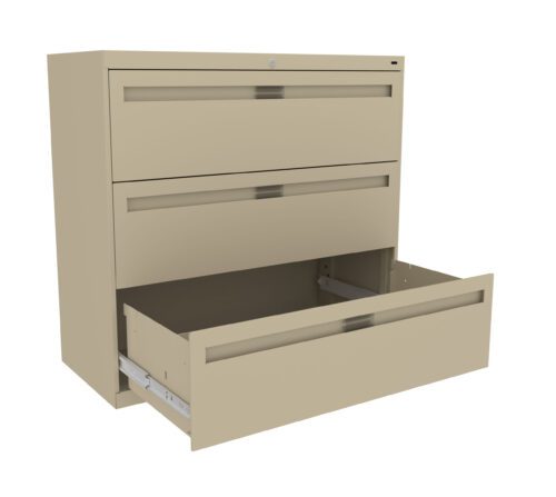A beige, three-drawer filing cabinet with the bottom drawer fully open. The cabinet has a clean, modern design with horizontal handles on each drawer.