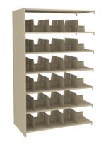 A beige mail sorting shelf unit with six horizontal rows, each having adjustable vertical dividers for organizing mail. The design is simple and utilitarian.