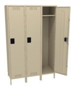 Three beige metal lockers are shown. Two have closed doors, and one door is open, revealing an empty space with a hanging rod inside. Each locker has ventilation slots and a black handle.