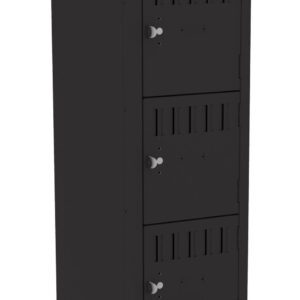 A tall black metal locker with five compartments. Four compartments are closed, and the bottom one is open, showing the empty interior. The locker has ventilation slots and keyholes on each door.