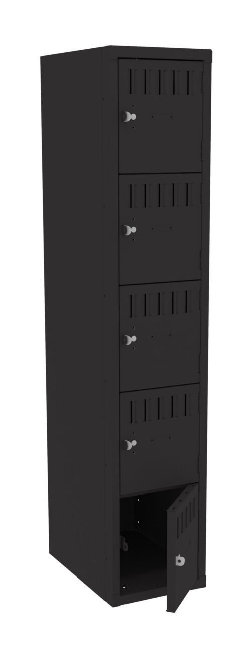 ljqiouish9jat34xfdr1.jpg A tall black metal locker with five compartments. Four compartments are closed, and the bottom one is open, showing the empty interior. The locker has ventilation slots and keyholes on each door.