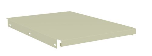 A beige rectangular metal shelf, viewed from an angle, showing the edges and a few holes on the sides for mounting.