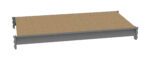 A 3D render of a flat rectangular wooden shelf with gray brackets on each corner, designed for fitting into a larger structure. The shelf surface is a light brown wood texture, while the brackets appear metallic.