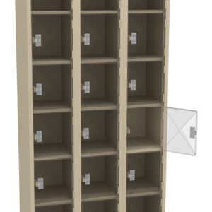 A beige locker unit with three columns and five rows, featuring a total of 15 compartments. Each compartment has a clear door. One door on the right column is open, revealing the empty interior.