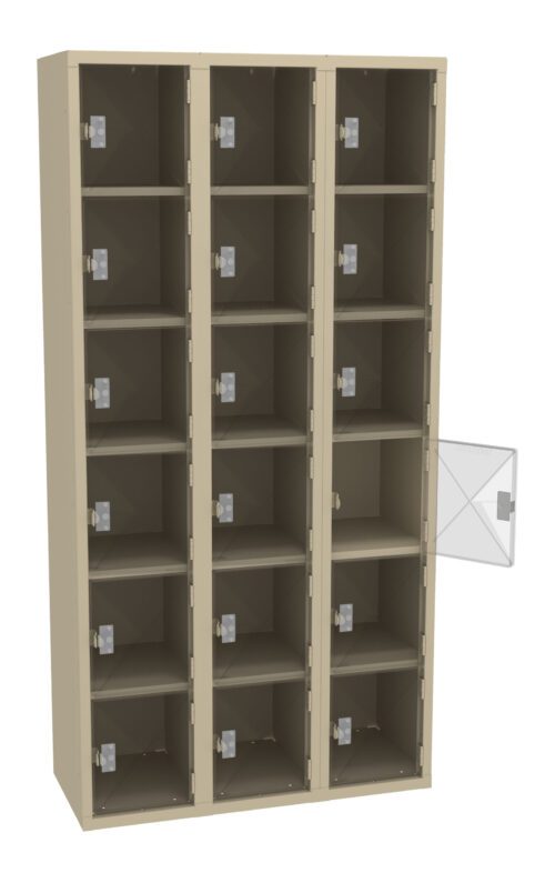 lkeeqma3kyryzrvo1fdj.jpg A beige locker unit with three columns and five rows, featuring a total of 15 compartments. Each compartment has a clear door. One door on the right column is open, revealing the empty interior.