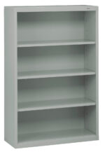 A tall, empty metal bookshelf with four shelves and a light gray finish. The design is simple and functional, with adjustable shelving slots on the sides.