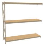 Metal shelving unit with three wooden shelves. The structure is beige and the shelves are evenly spaced. The shelves are supported by vertical metal beams on one side and horizontal braces.