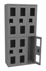 A set of six gray lockers, arranged in two rows of three. Each locker has a transparent window and a black handle. The bottom right locker is open, showing an empty interior.