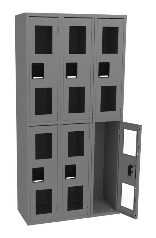 ll8gn4j33uq5ijcj03xh.jpg A set of six gray lockers, arranged in two rows of three. Each locker has a transparent window and a black handle. The bottom right locker is open, showing an empty interior.