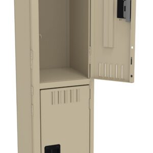 A beige metal locker with two compartments is shown. The top door is open, revealing the empty interior, while the bottom door remains closed. The locker has vents and a small handle on each door.