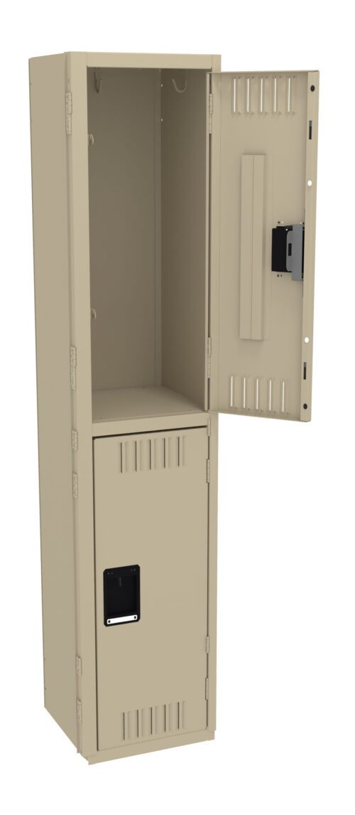A beige metal locker with two compartments is shown. The top door is open, revealing the empty interior, while the bottom door remains closed. The locker has vents and a small handle on each door.