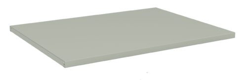 llpxbgw3trabrrgsnbgr.jpg A flat, rectangular light gray metal shelf with smooth edges, viewed from an angle, resting on a white background.